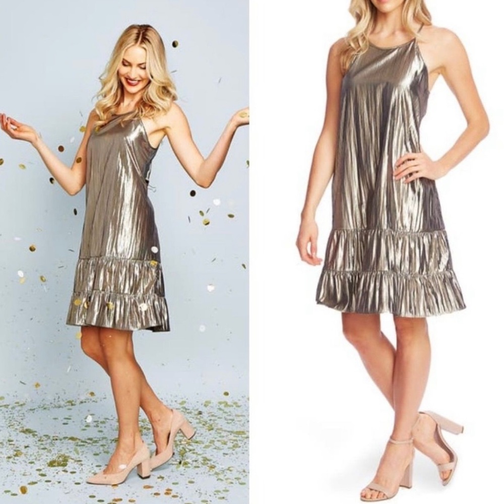 CeCe silver metallic shift party dress high neck women’s Size XSmall